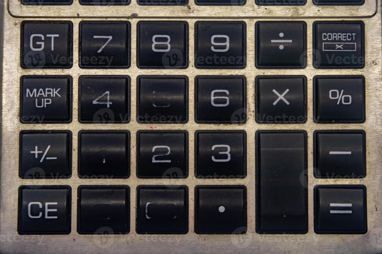 Close up of a vintage calculator keypad with various function keys photo