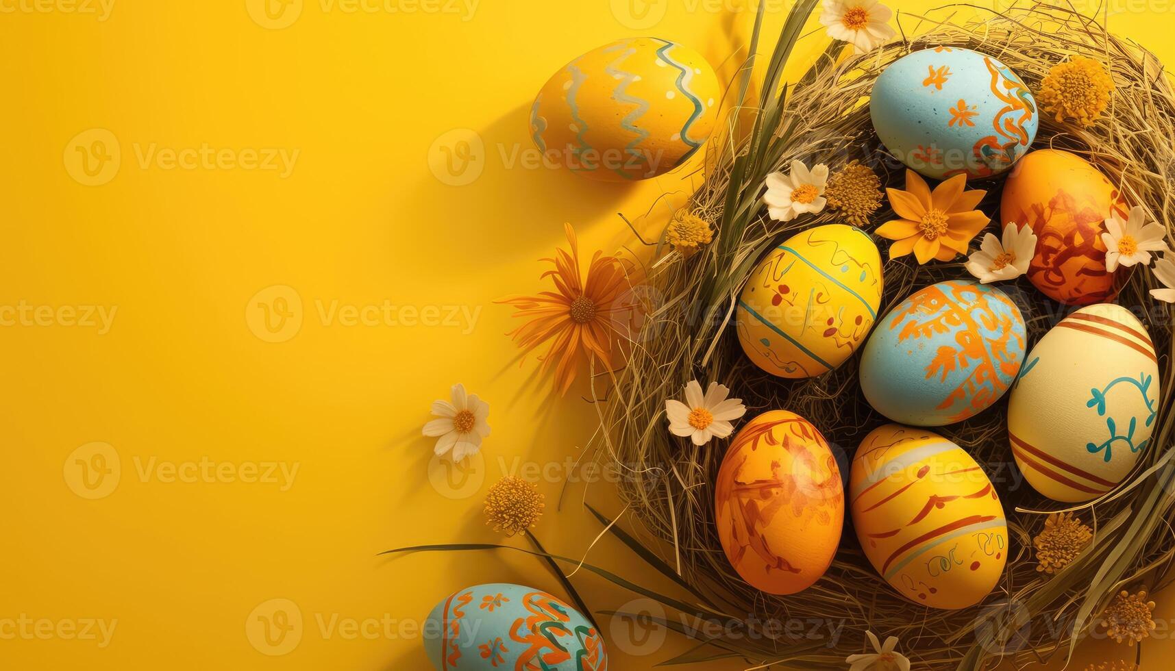 Decorated Easter Eggs in a Nest with Flowers on a Yellow Background photo