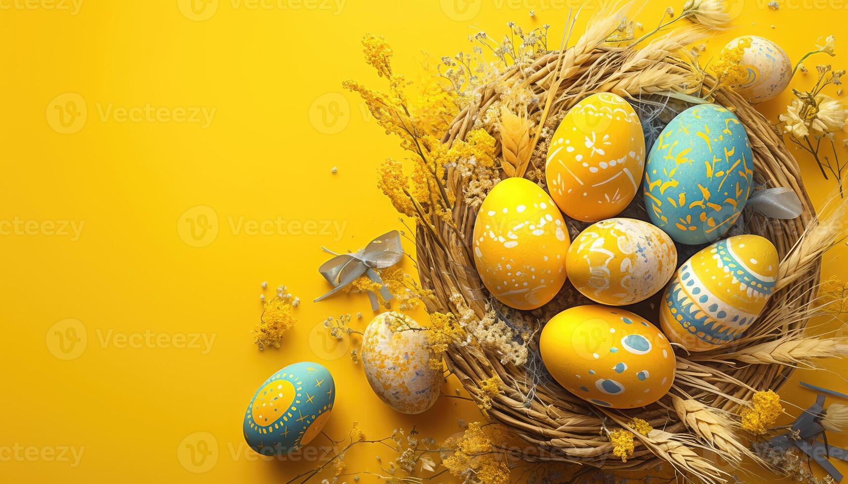 Decorated Easter Eggs in a Nest with Yellow Flowers and Wheat on a Yellow Background photo