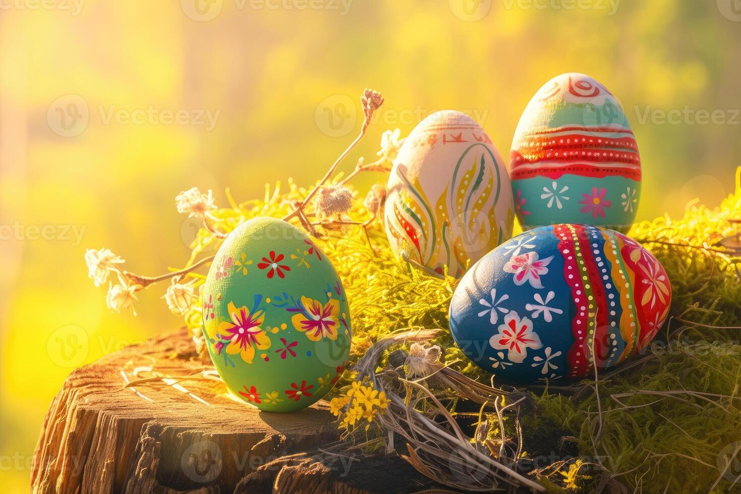 Decorated Easter Eggs on a Tree Stump with Spring Flowers photo