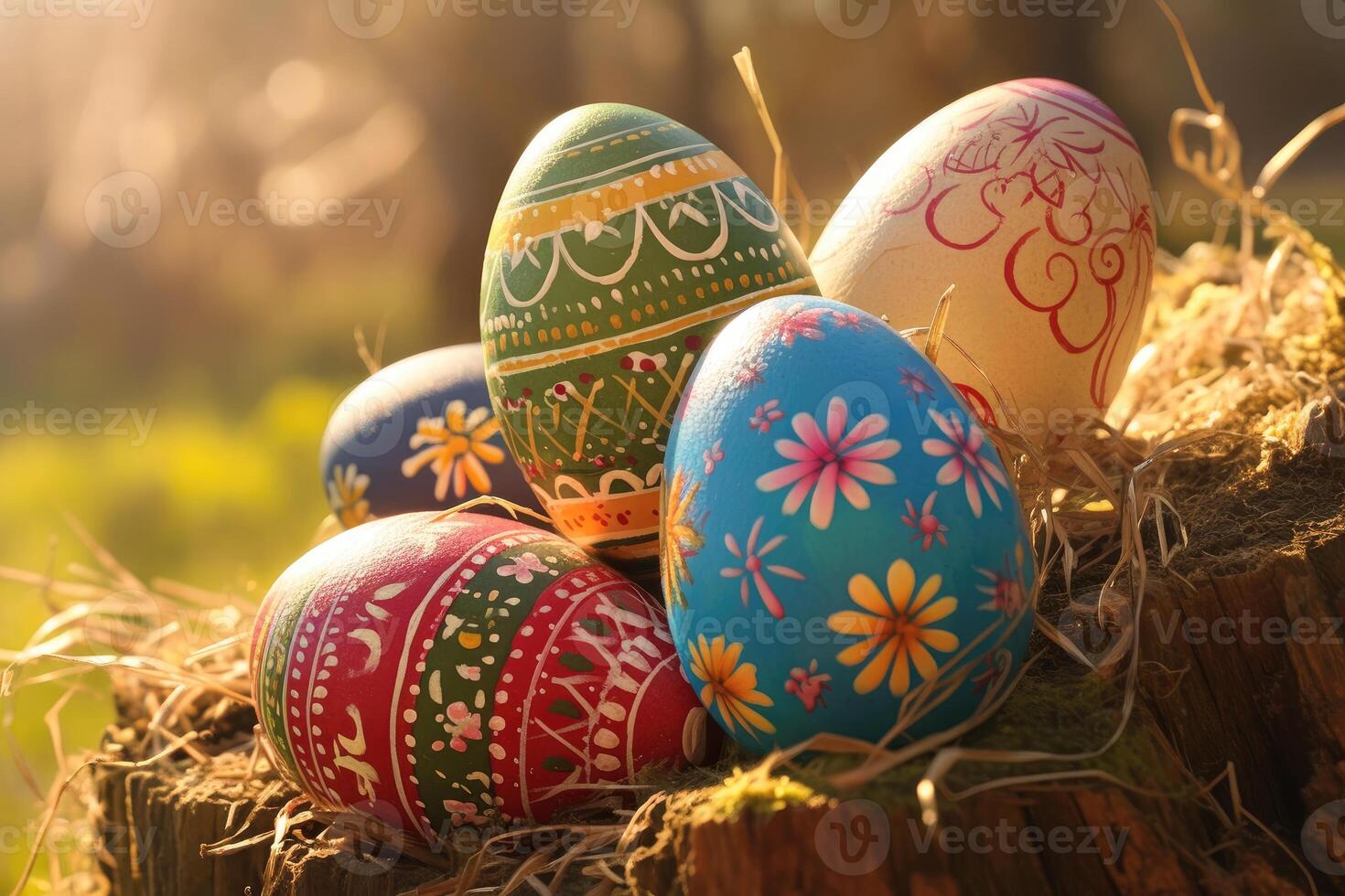 Decorated Easter Eggs Nestled in Hay on a Tree Stump photo