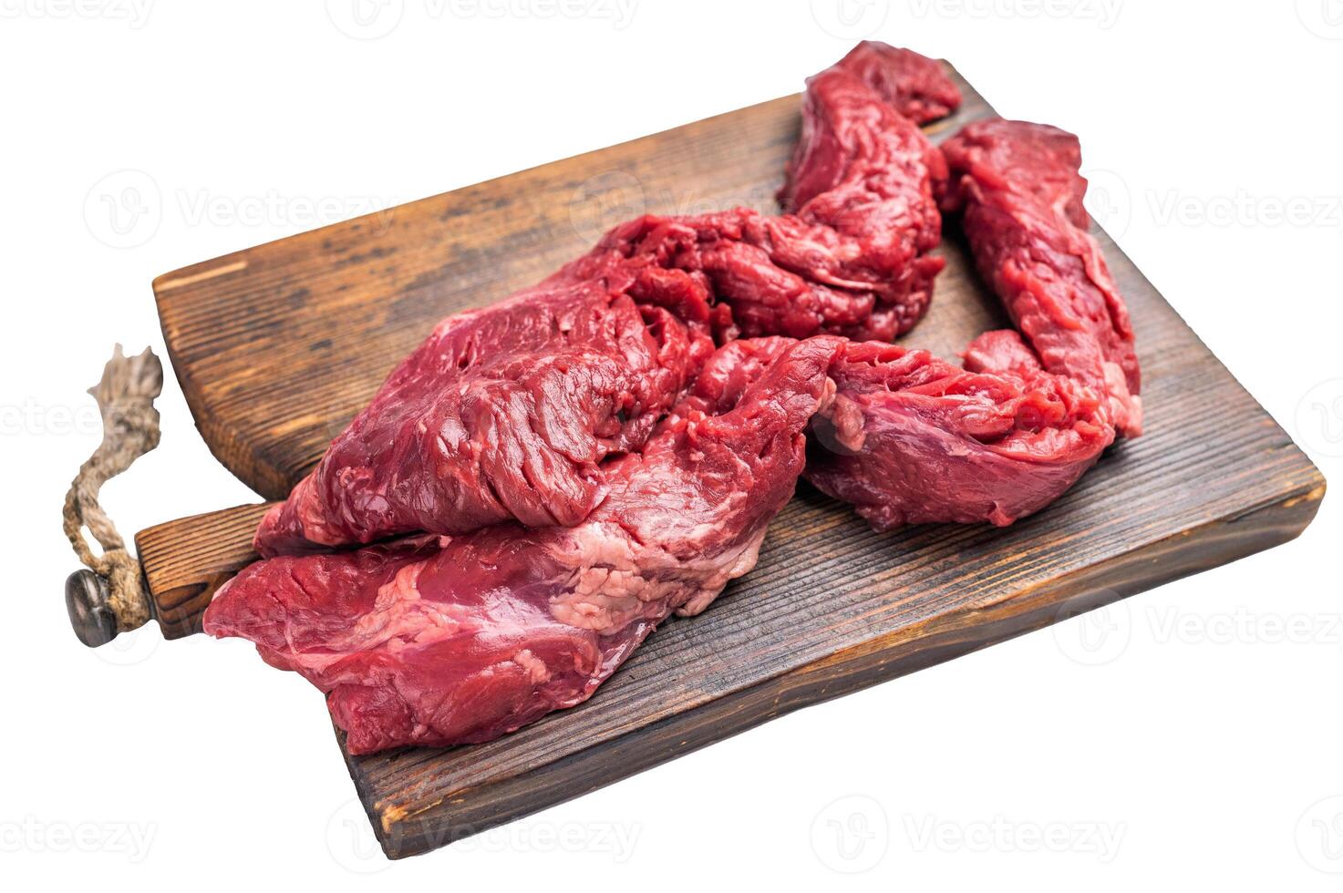 Uncooked Beef Skirt Steak, also name Machete steak, raw meat on cutting board isolated on white background photo