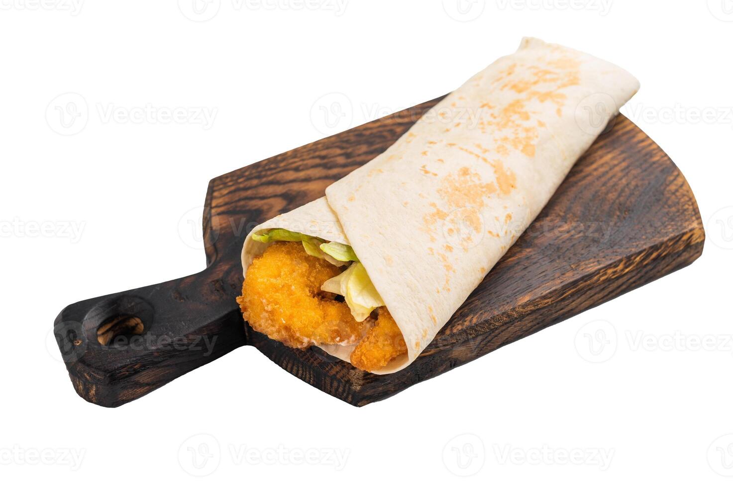 Seafood Shawarma wrap with shrimps, prawns and veggies isolated on white background photo