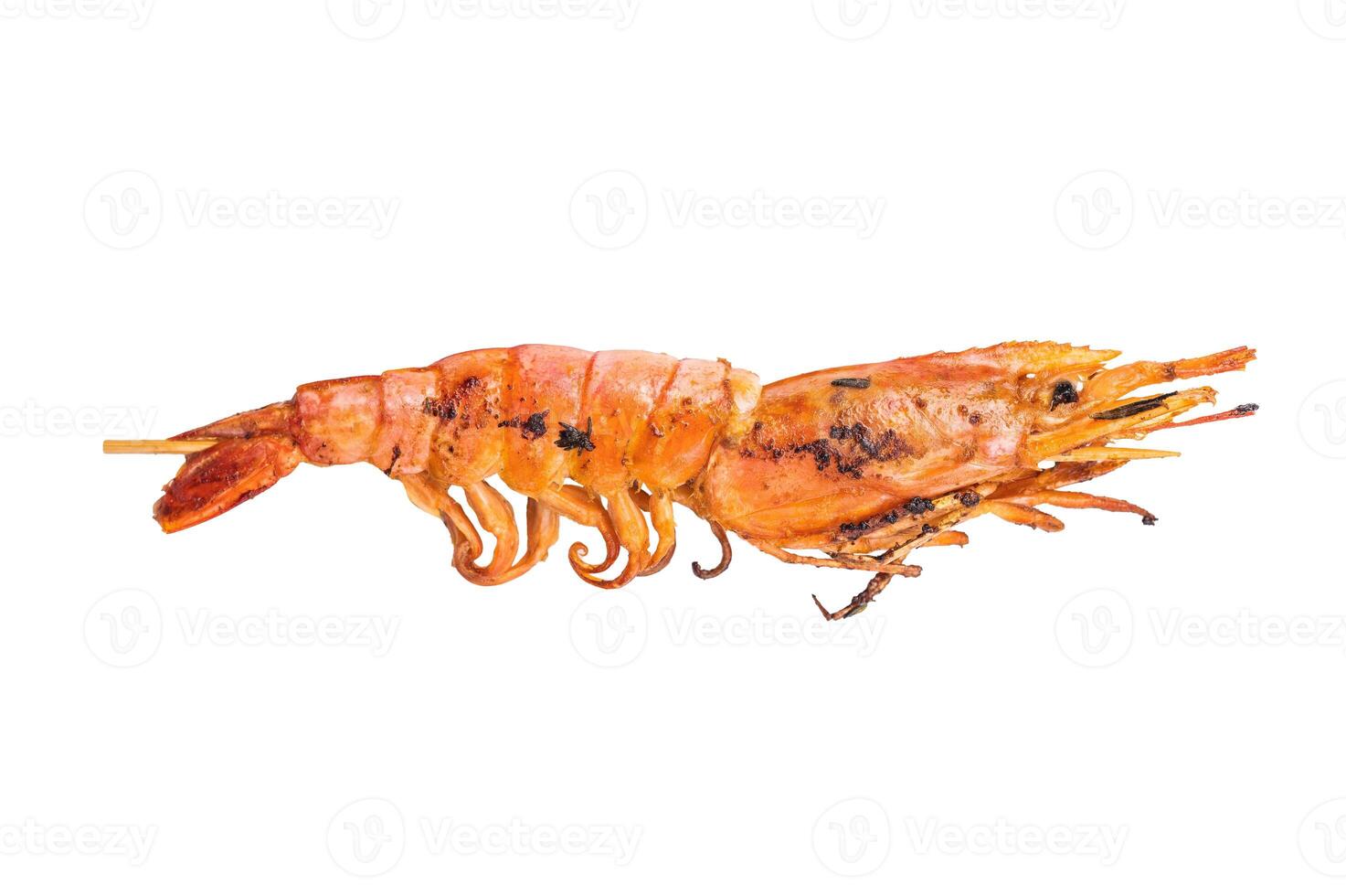 Skewers with Grilled red Argentine shrimps, Prawns Langostino Austral isolated on white background. top view photo