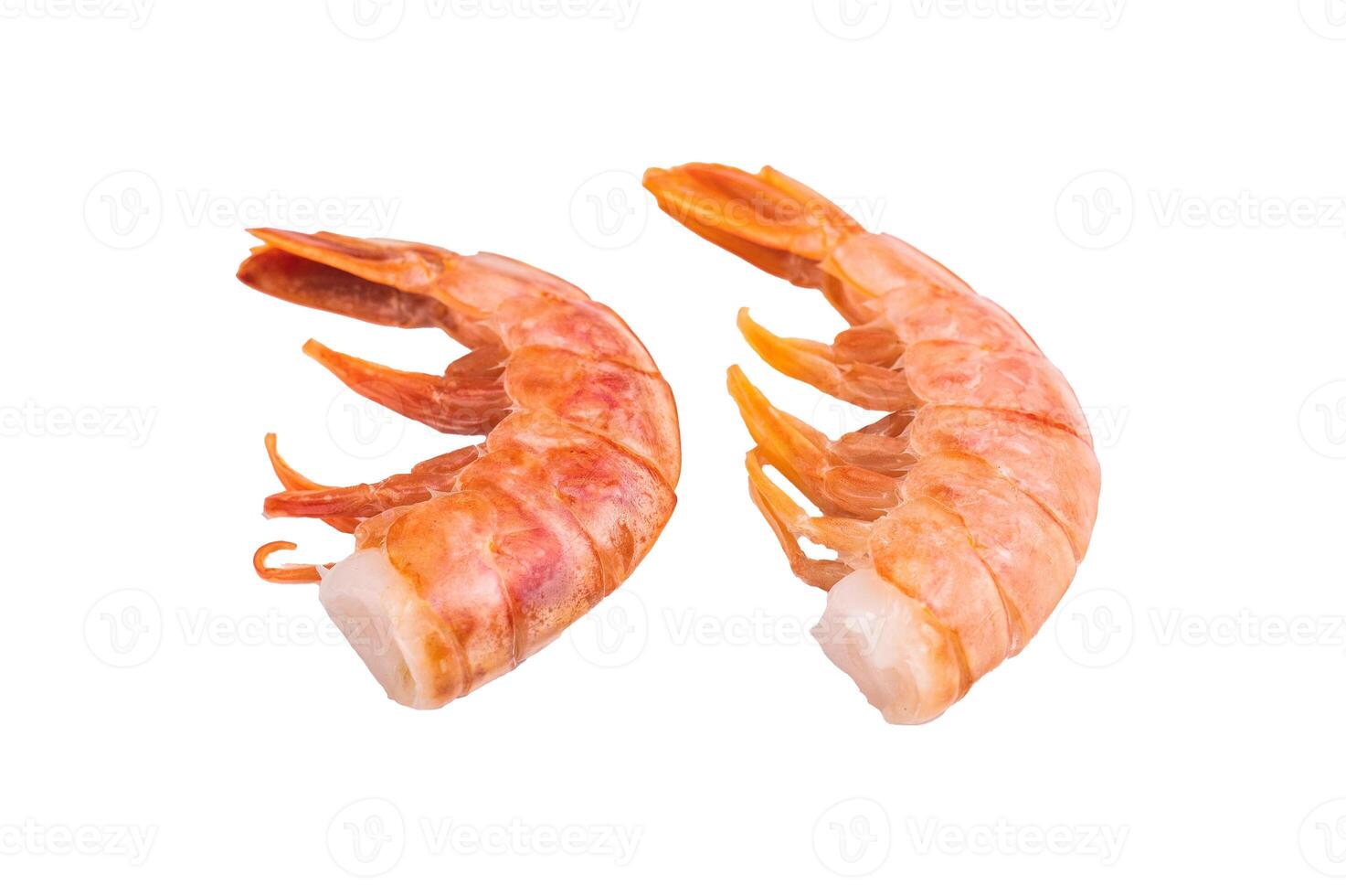 Raw Headless Red Argentine shrimps, Prawns isolated on white background. top view photo