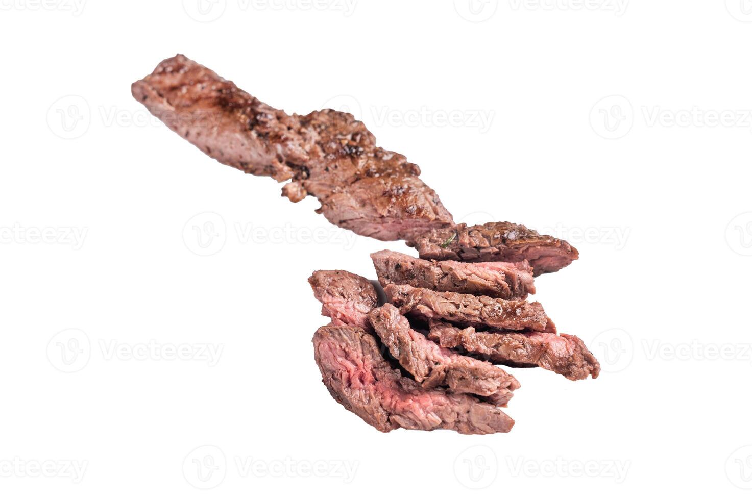 Grilled Beef hanging Steak, prime meat isolated on white background. top view photo