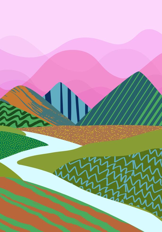 A rural landscape surrounded by lush green fields at the foot of high mountains. vector
