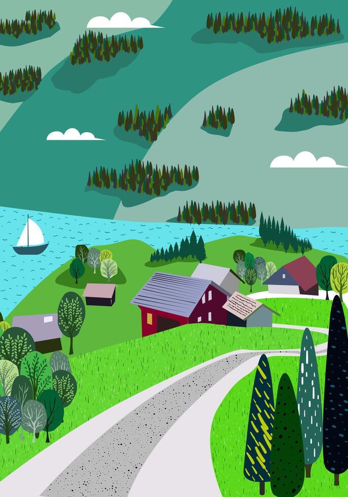 A refreshing experience offered by nature, a description of a peaceful day spent in a village full of wide grassy areas, walking paths, trees, and flowers. vector
