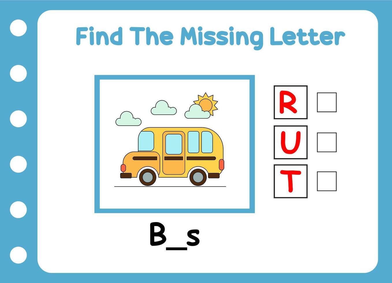 find the missing letter of bus. game for kids vector