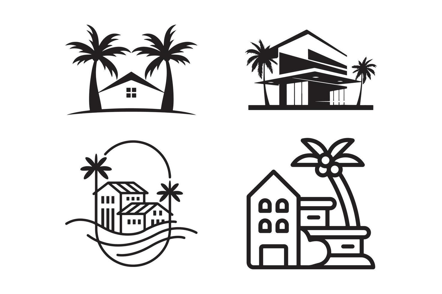 Minimalist Tropical Home Designs Line Art Illustration. vector