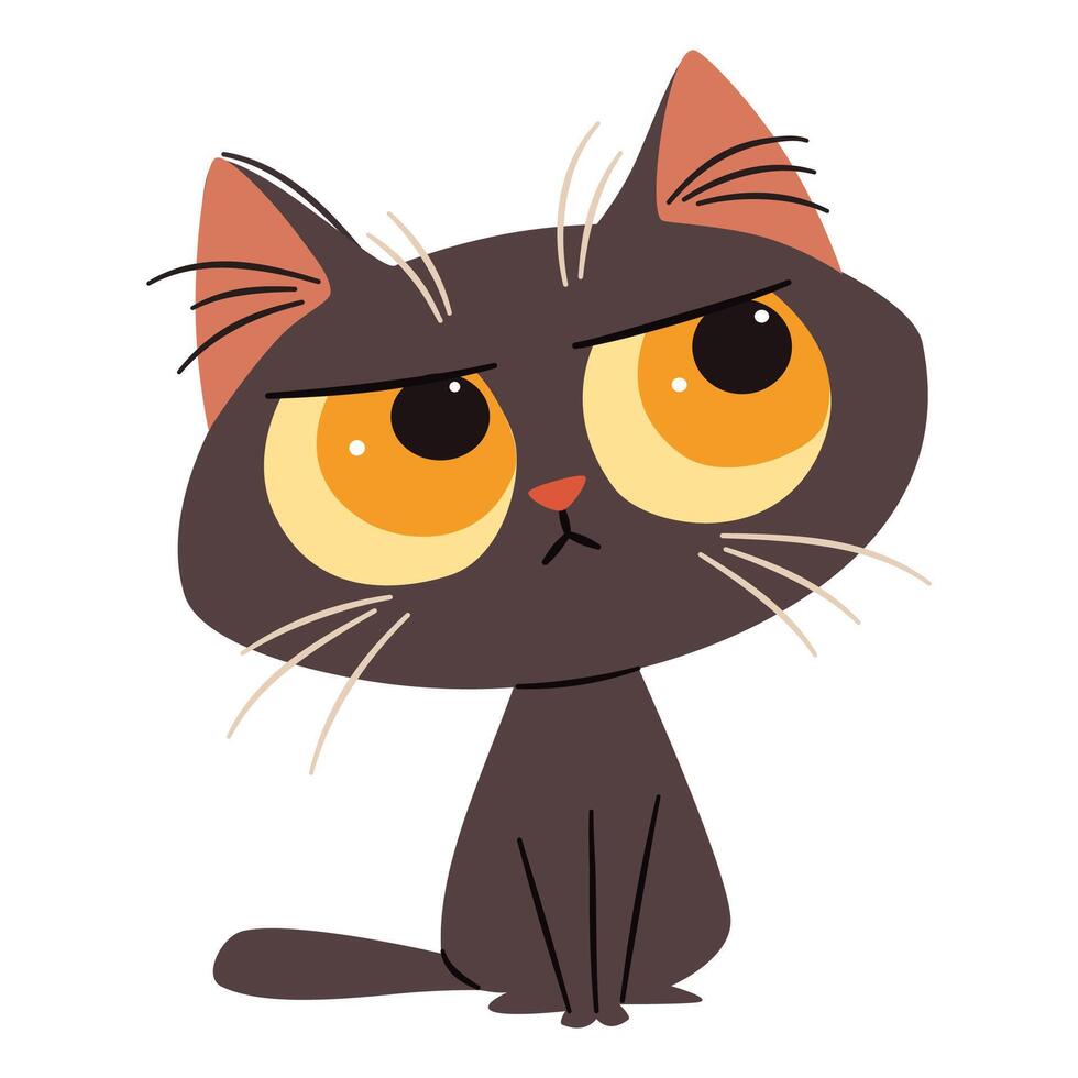 Cute disgruntled black kitten. Flat illustration in simple childish style. White background vector