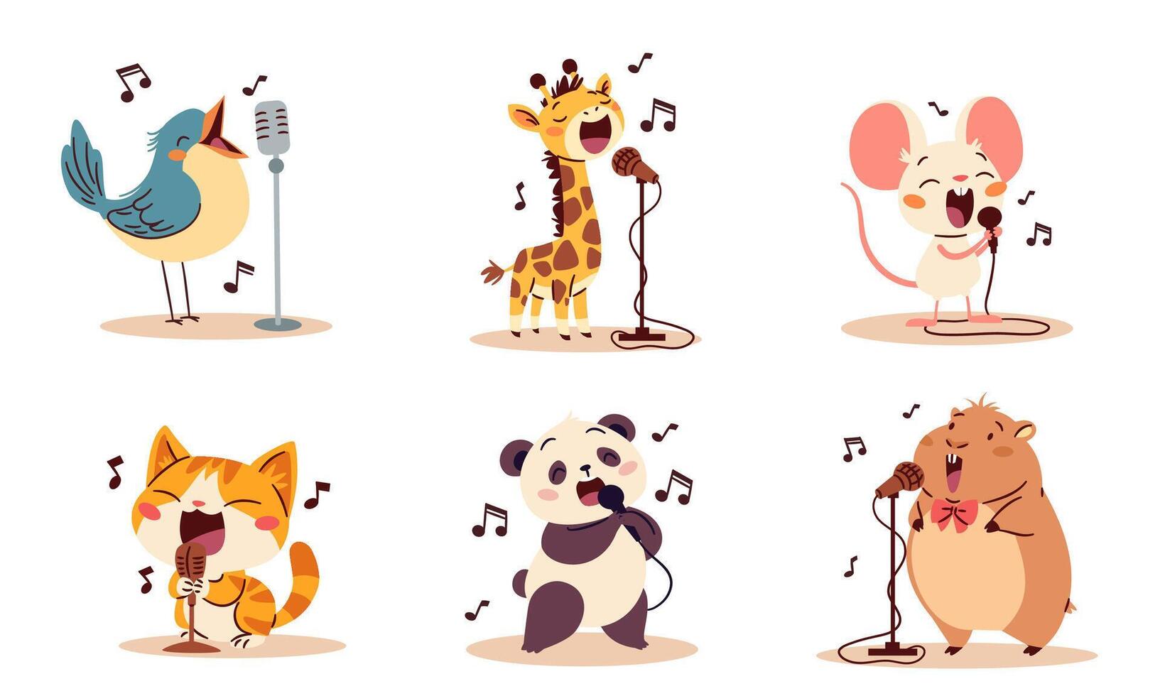 Cute singing animals. Bird kitten hamster panda giraffe mouse singers sing into the microphone. Set of flat illustrations in simple children's style, white background vector