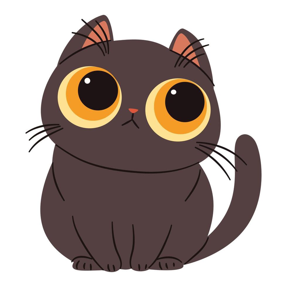 Cute black kitten with big eyes. Flat illustration in simple childish style. White background vector