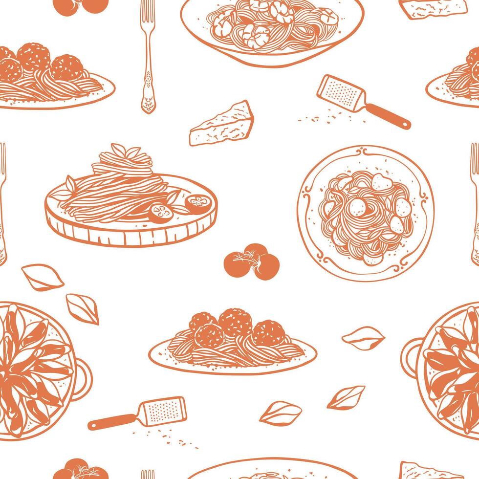 Different Italian pasta seamless pattern. Hand drawn food sketch style design for textile, menu, wrapping paper vector