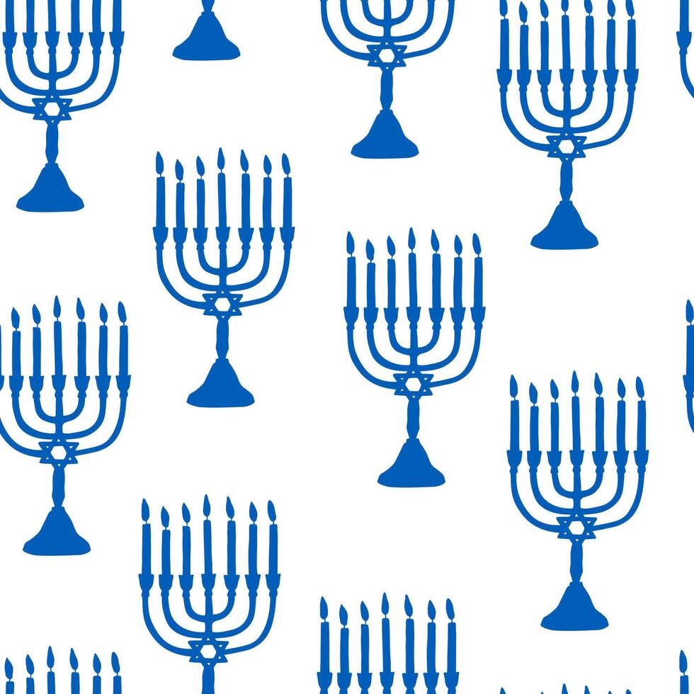 Hand drawn Jewish menorah seamless pattern in blue and white colors. Simple design for textile, wrapping paper, background, gift paper vector