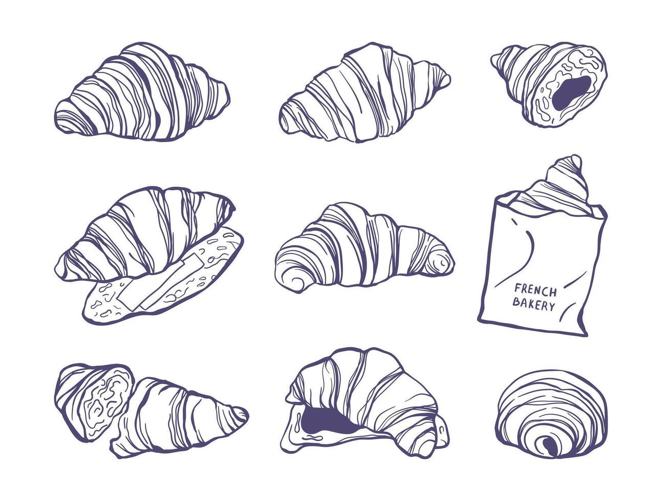 Set of hand drawn sketch style croissant. Design for bakery, menu, card, poster, packaging vector