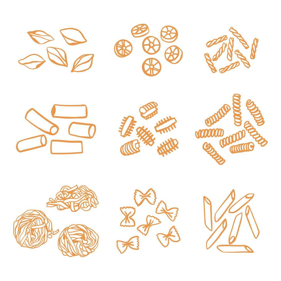 Hand drawn pasta variations set. Different types of Italian pasta vector