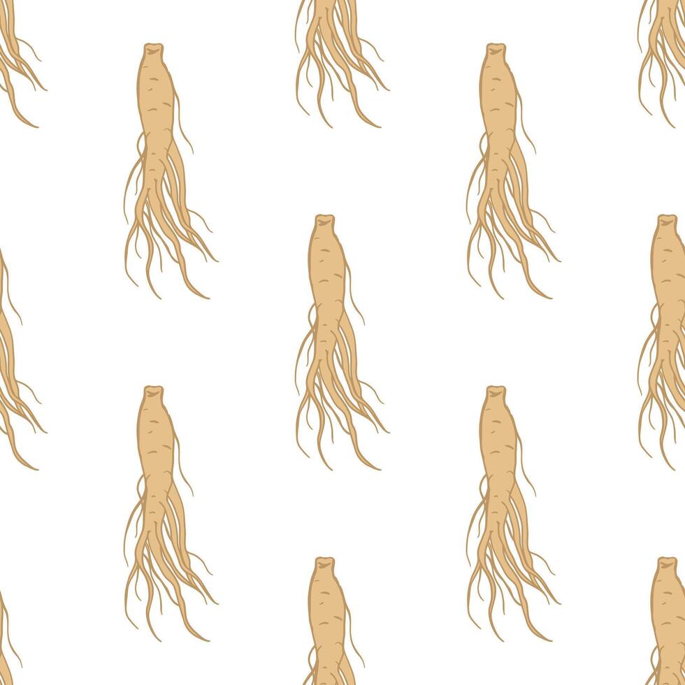 Ginseng root on white background simple seamless pattern. Chinese medicinal plant design for textile, fabric, wrapping paper vector