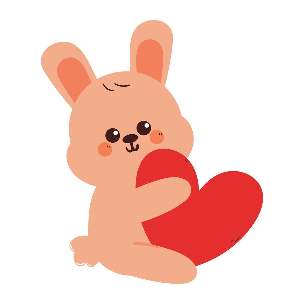 cute hand drawing cartoon bunny with big red heart balloon. cute animal drawing for valentine sticker and background vector