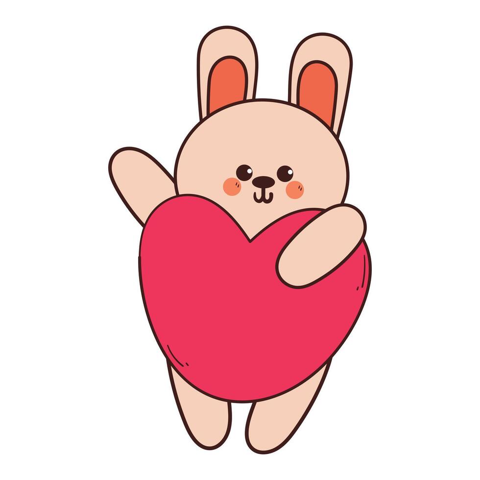 cute hand drawing cartoon bunny flying with pink heart balloon. cute animal drawing for valentine sticker and icon vector