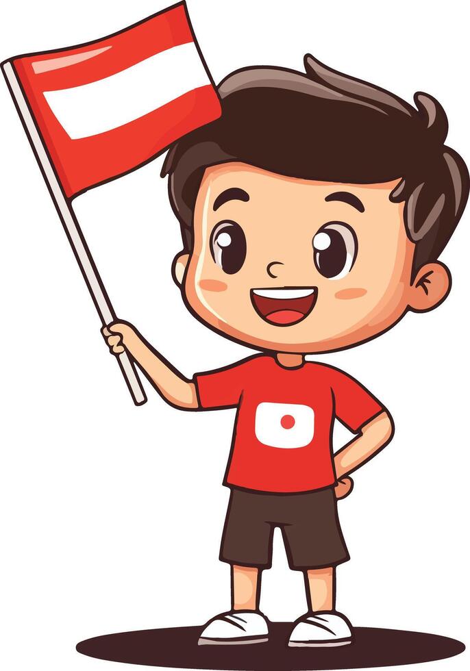 Cute boy holding flag mascot style cartoon on white background vector