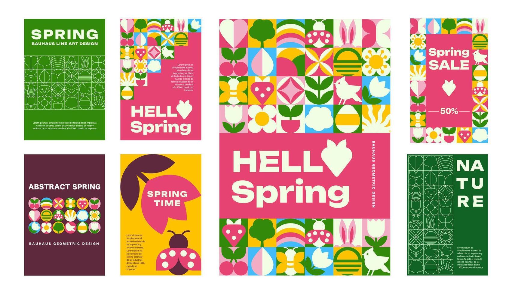 The set of posters and banners template with Spring patterns and icons, Bauhaus Geometric style vector