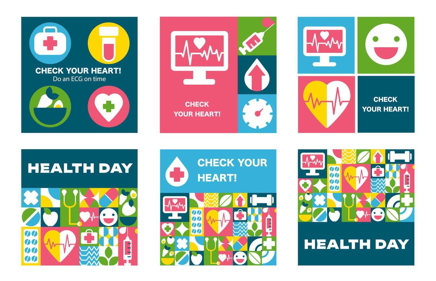 Square Medical Banners for Social Media. Cardio and Heart Health in Geometric Bauhaus Style vector