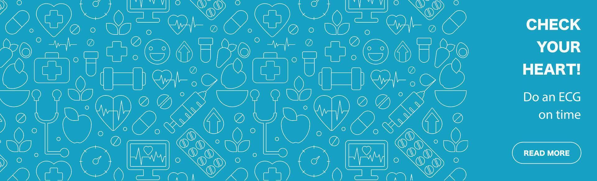 Medical banner with Line Art Pattern. White Lines on Blue with Symbols of Health vector