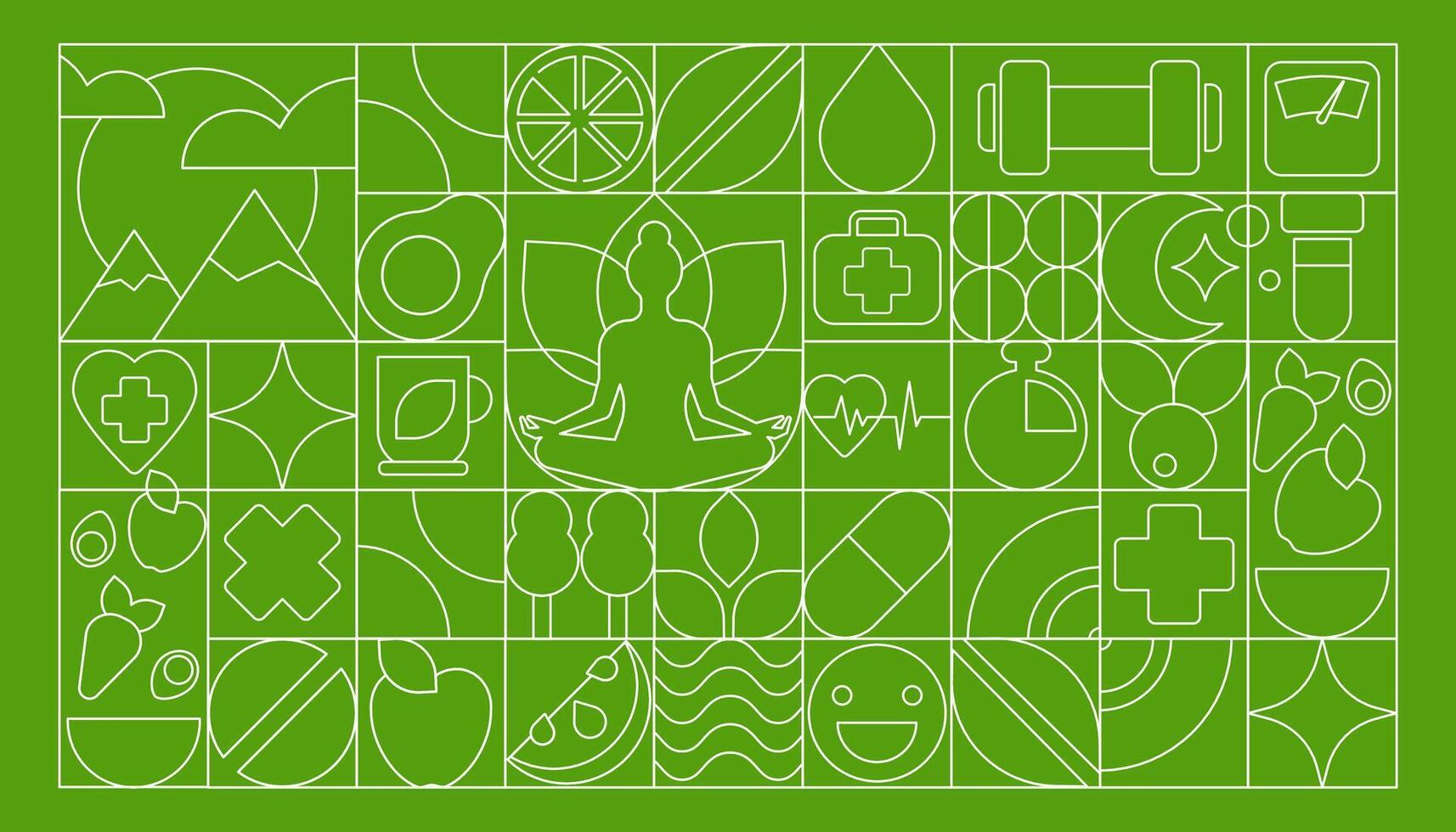Nature Line Art Pattern, modern mosaic. White Lines with Symbols of Health and Active lifestyle vector