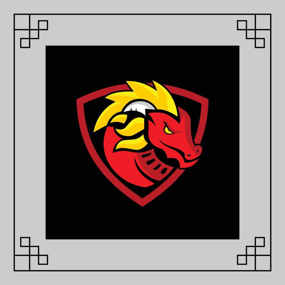 Red and yellow monster Dragon head with glowing eyes and fire emanating from the sides, on a dark background with geometric borders vector