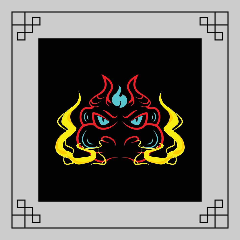 Red and yellow monster Dragon head with glowing eyes and fire emanating from the sides, on a dark background with geometric borders vector