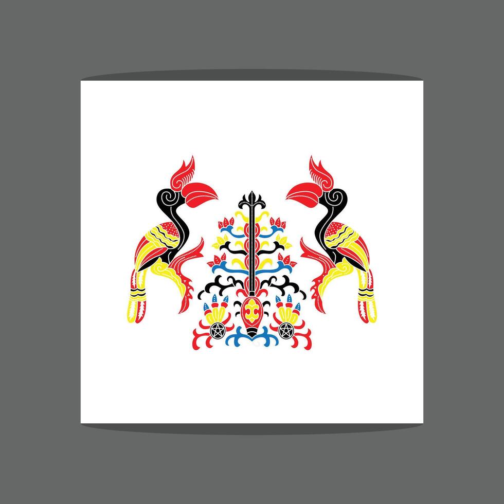Two colorful hornbills with intricate patterns, perched on a floral or symmetrical Dayak batik design on a plain white background vector