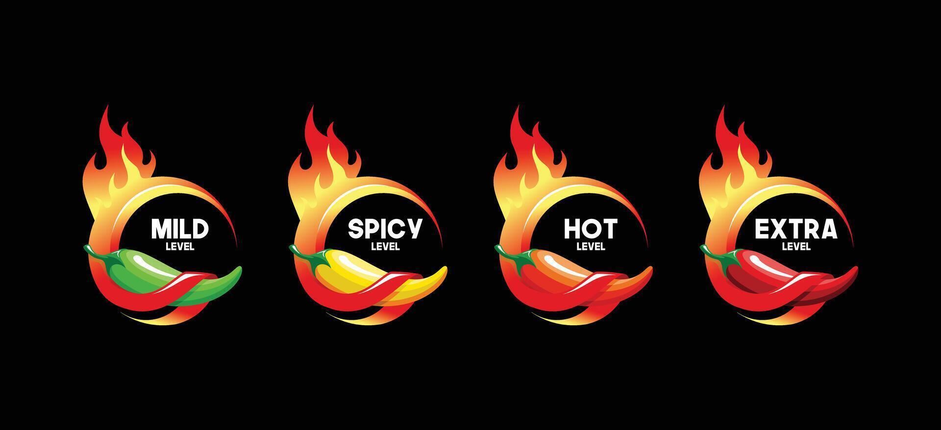 illustration of hot chili label design with mild, spicy, hot and extra levels. Hot chili and fire logo vector