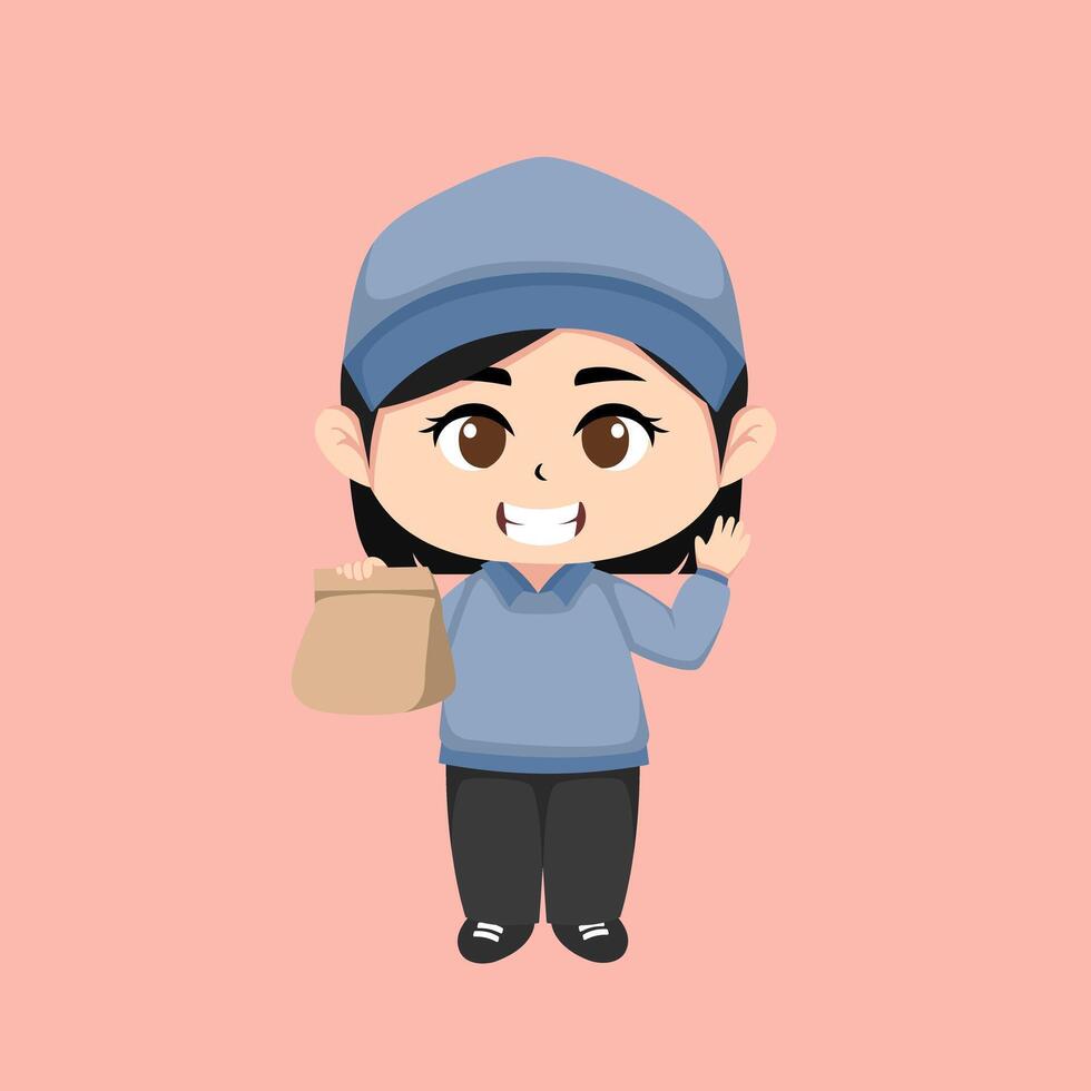 Chibi cute delivery girl suitable for pamphlets, banners, stickers, flyer vector