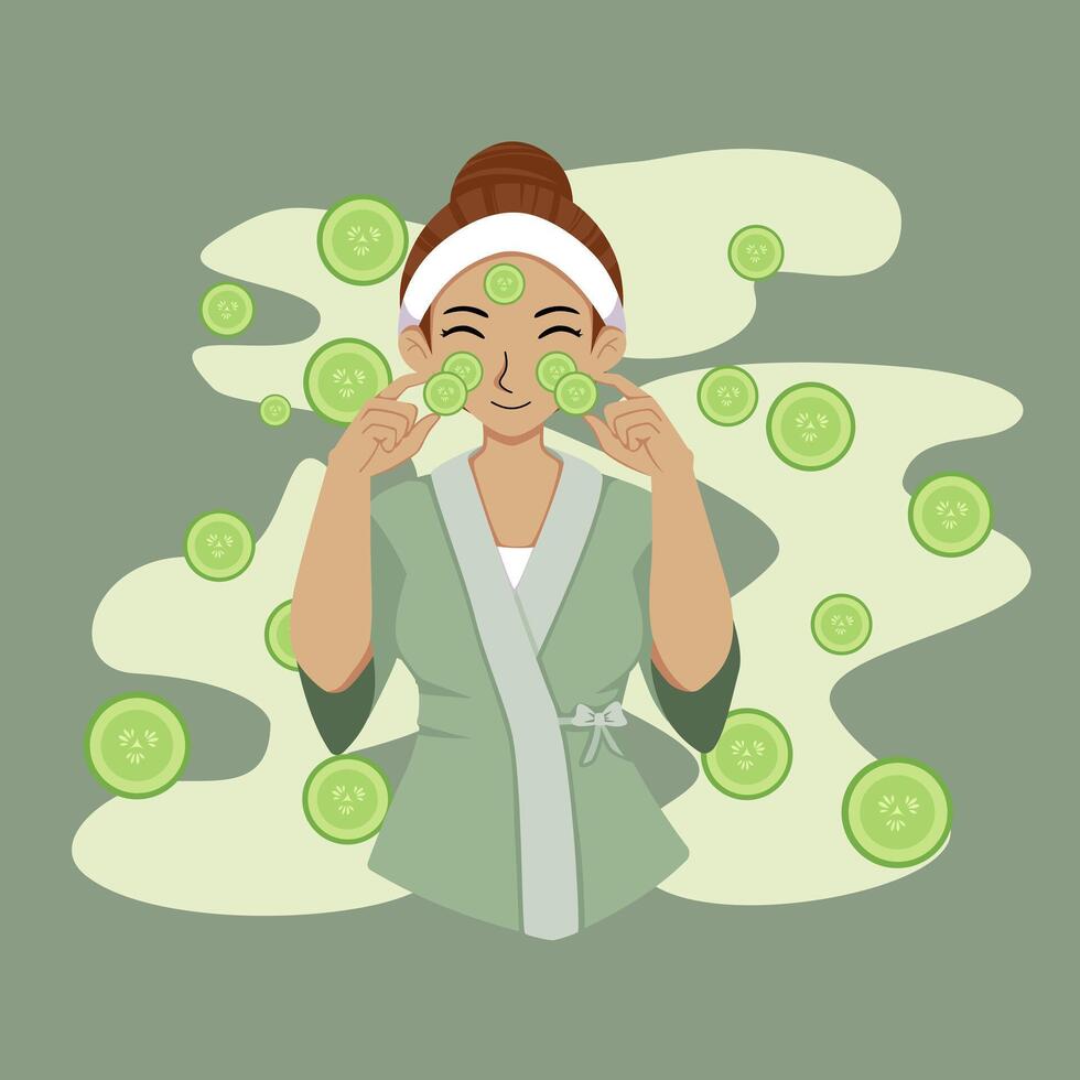Woman applying slice cucumber on face vector