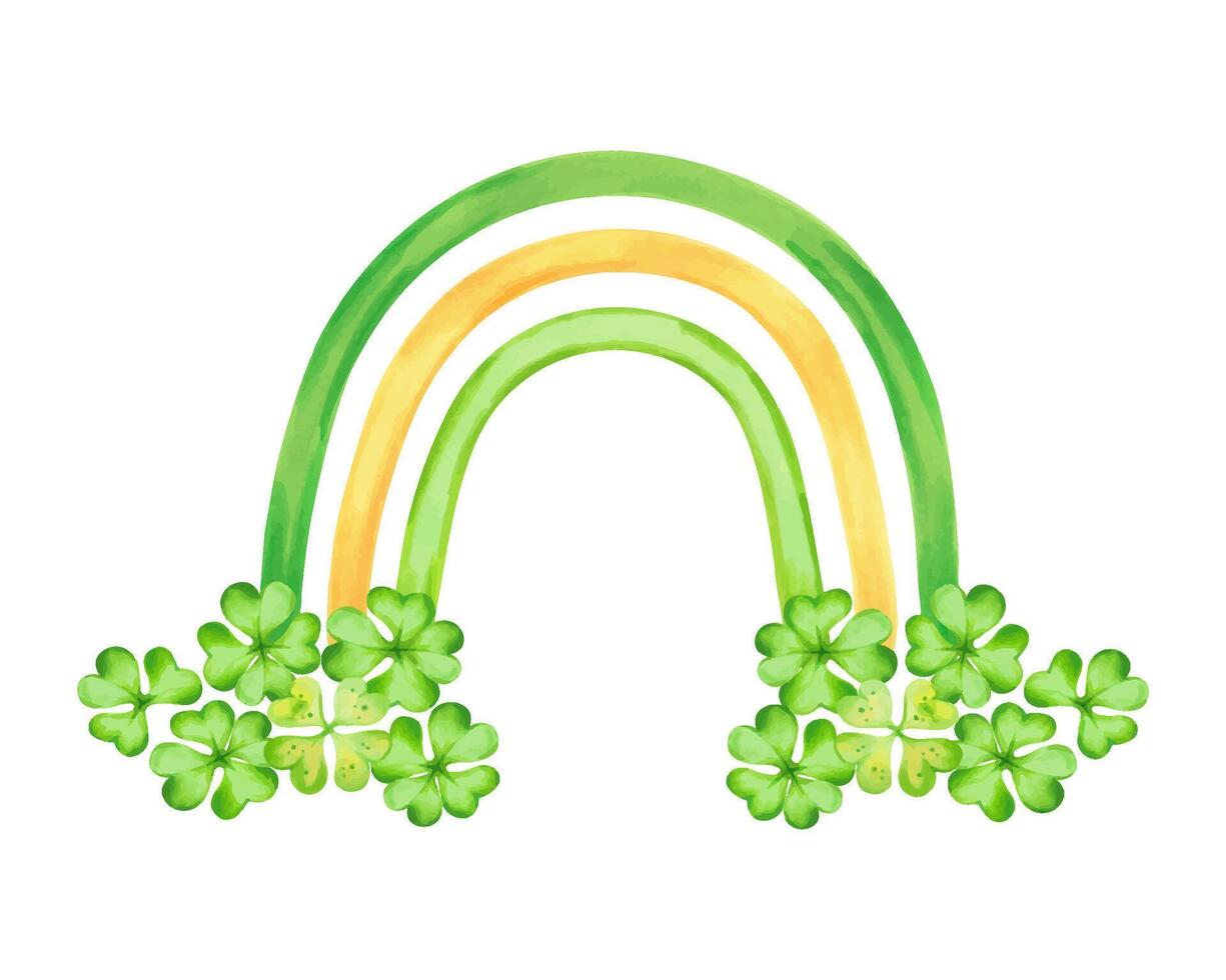 Rainbow with clover petals for St. Patrick's Day. Illustration with watercolors and markers. Yellow-green pictures with clover. Conceptual holiday.Hand drawn isolated image for card, flyer, sticker vector