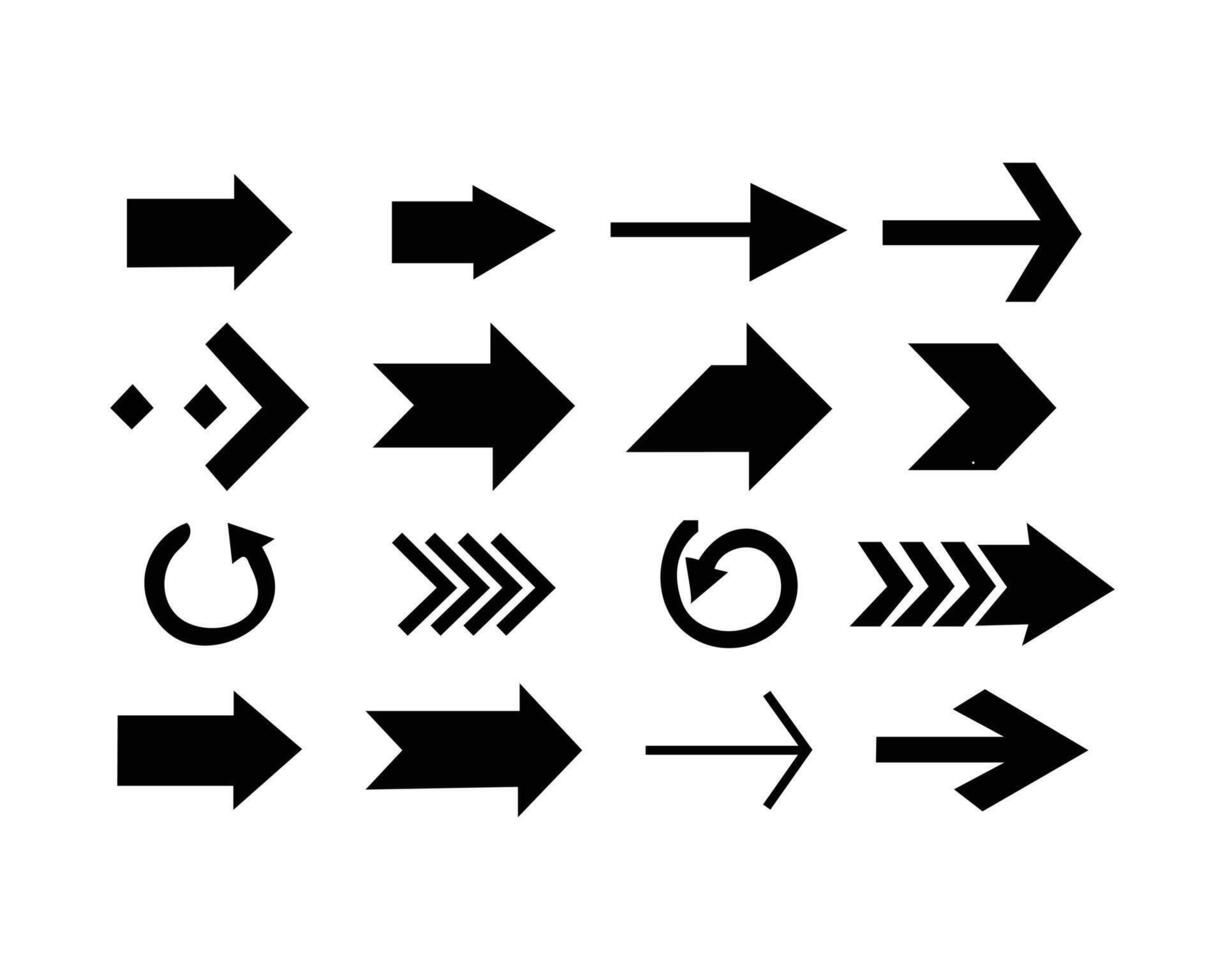 Arrows set of 16 arrow icon collection. Set different arrows or web design. Black arrow flat style isolated on white background. illustration. vector