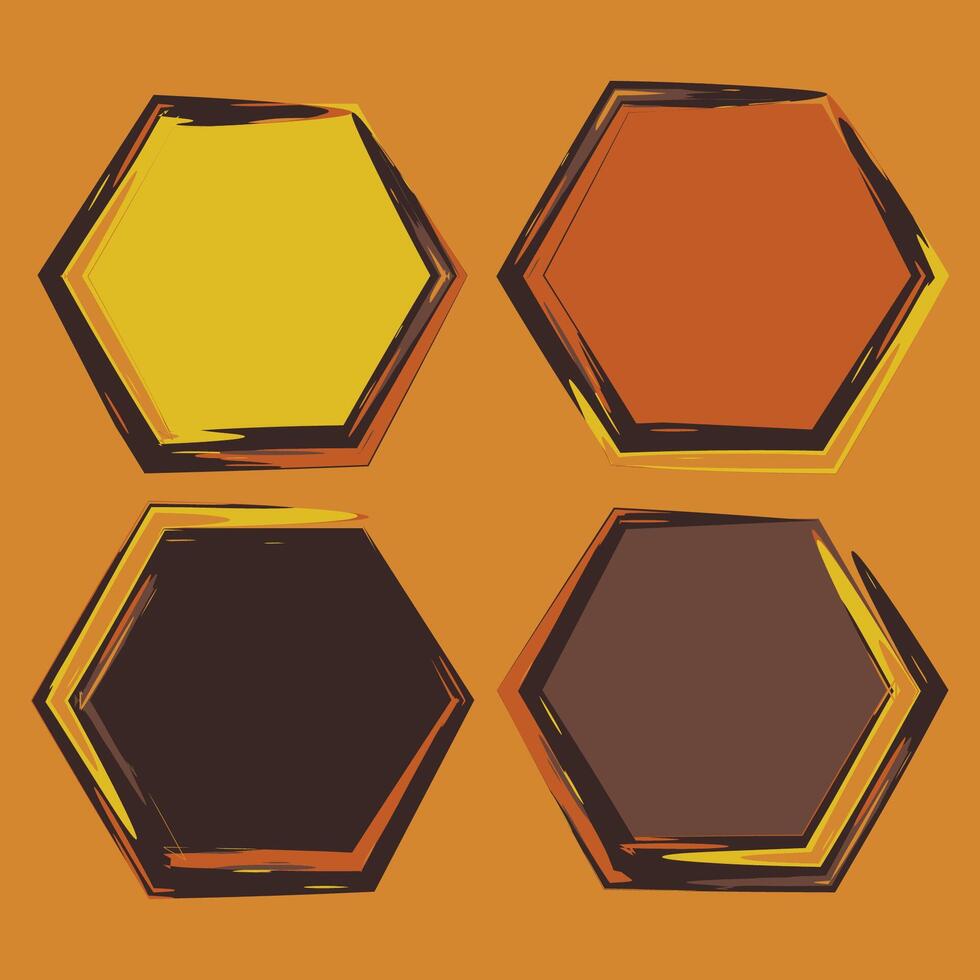 Set of four hexagon shapes featuring a hand-drawn, textured appearance with brushstroke edges . For graphic design projects, text framing, decorative elements, honeycomb-inspired layouts. vector