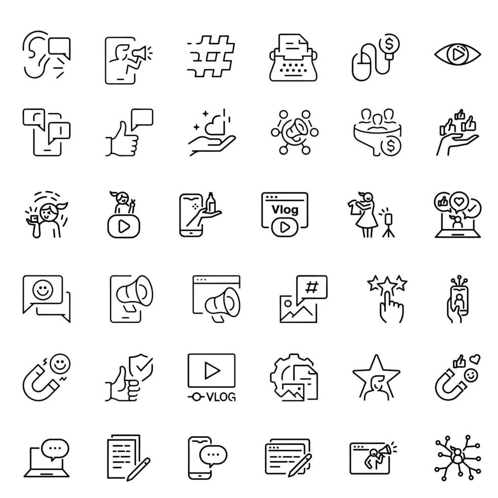 Influencer and social media marketing, thin line icon set. Included icons as reviews, social media, advertisement. vector