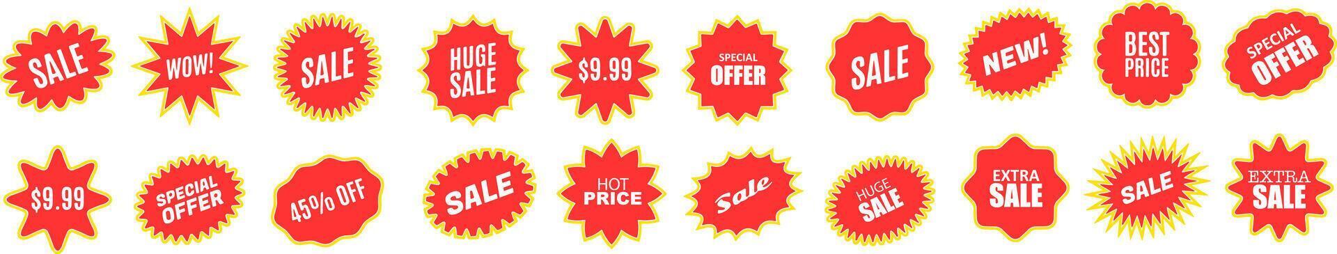 Set of red starbursts and promotional badges. red round price stickers, sunburst promo tags, and retro discount emblems. vector