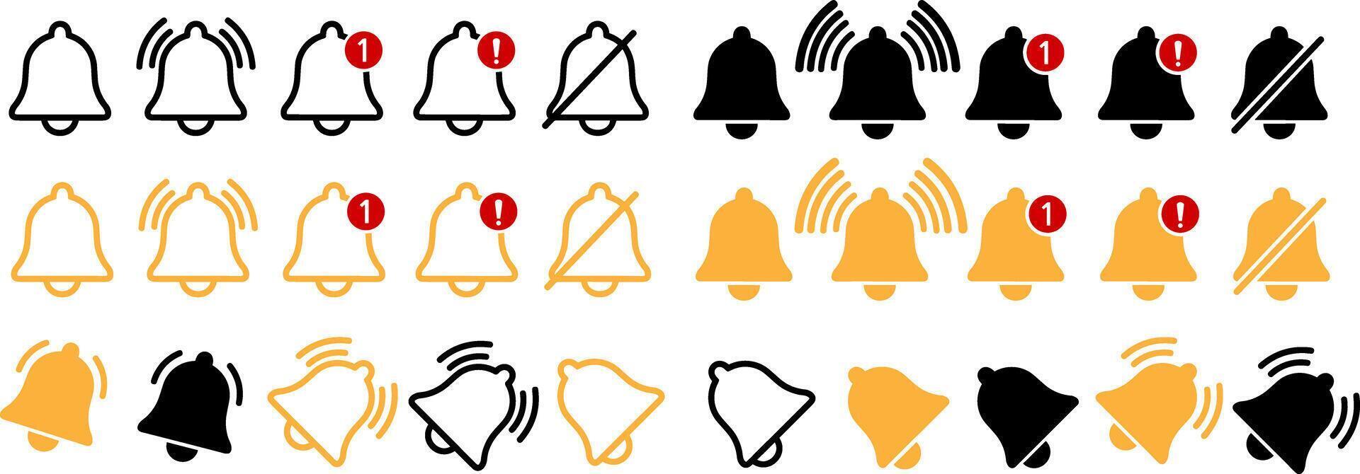 Notification bell icon set, alert icons for incoming inbox messages, ringing bell, and notification number signs. vector