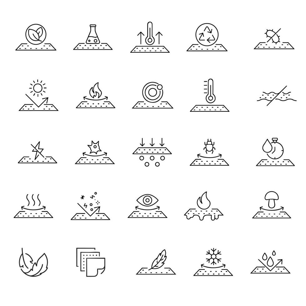 Fabric features, thin line icon set. Fabrics features and properties symbols, editable stroke vector