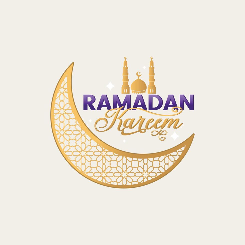 Ramadan Kareem calligraphy featuring a moon and mosque for holy Ramadan banners, posters, cards, templates, stickers, labels, logos, and greetings. vector
