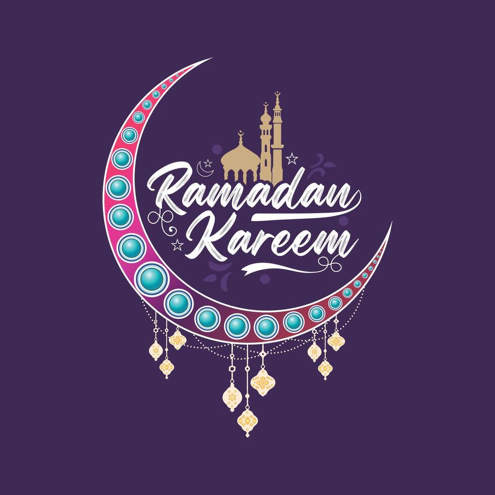 Ramadan Kareem greeting card with elegant hand lettering typography, a moon, mosque, and dark background. Perfect for banners, posters, and festival celebrations. vector