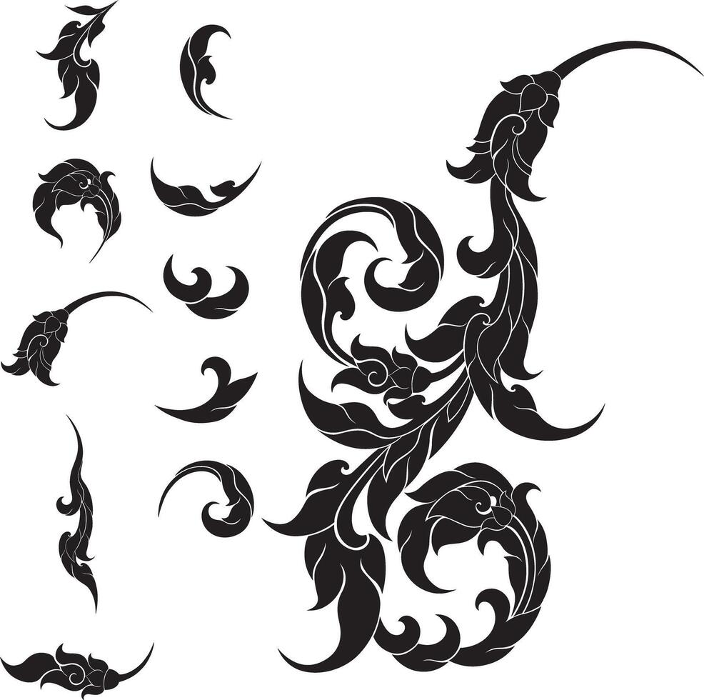 Thai Swirl Leaf Pattern Set for Modern Art and Tattoo Design vector