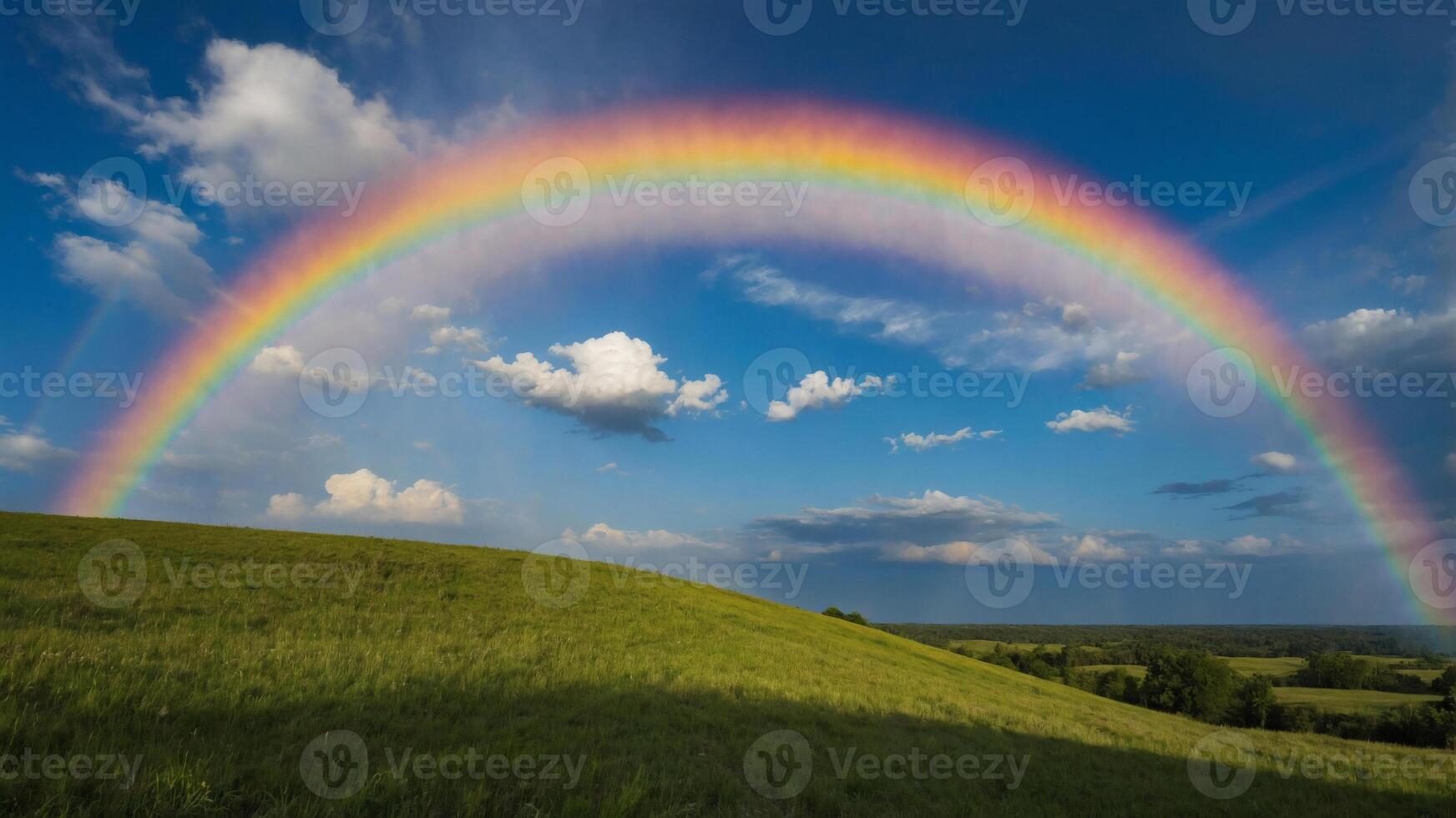 A rainbow is seen over a grassy hill photo