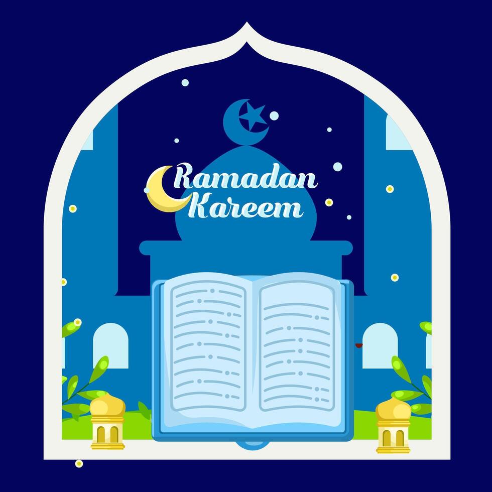 Holy quran with mosque background and star in the sky vector