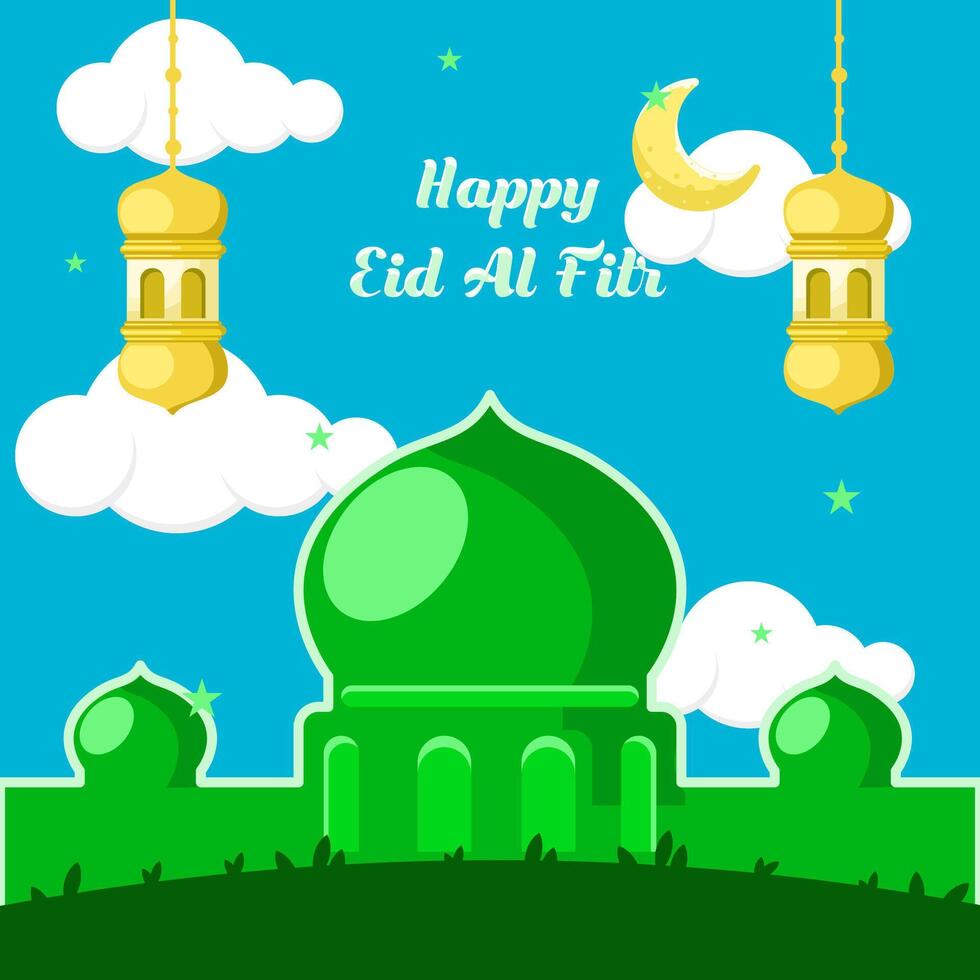 Flat illustration happy Eid al fitr, welcoming Eid al fitr with mosque background and lantern vector