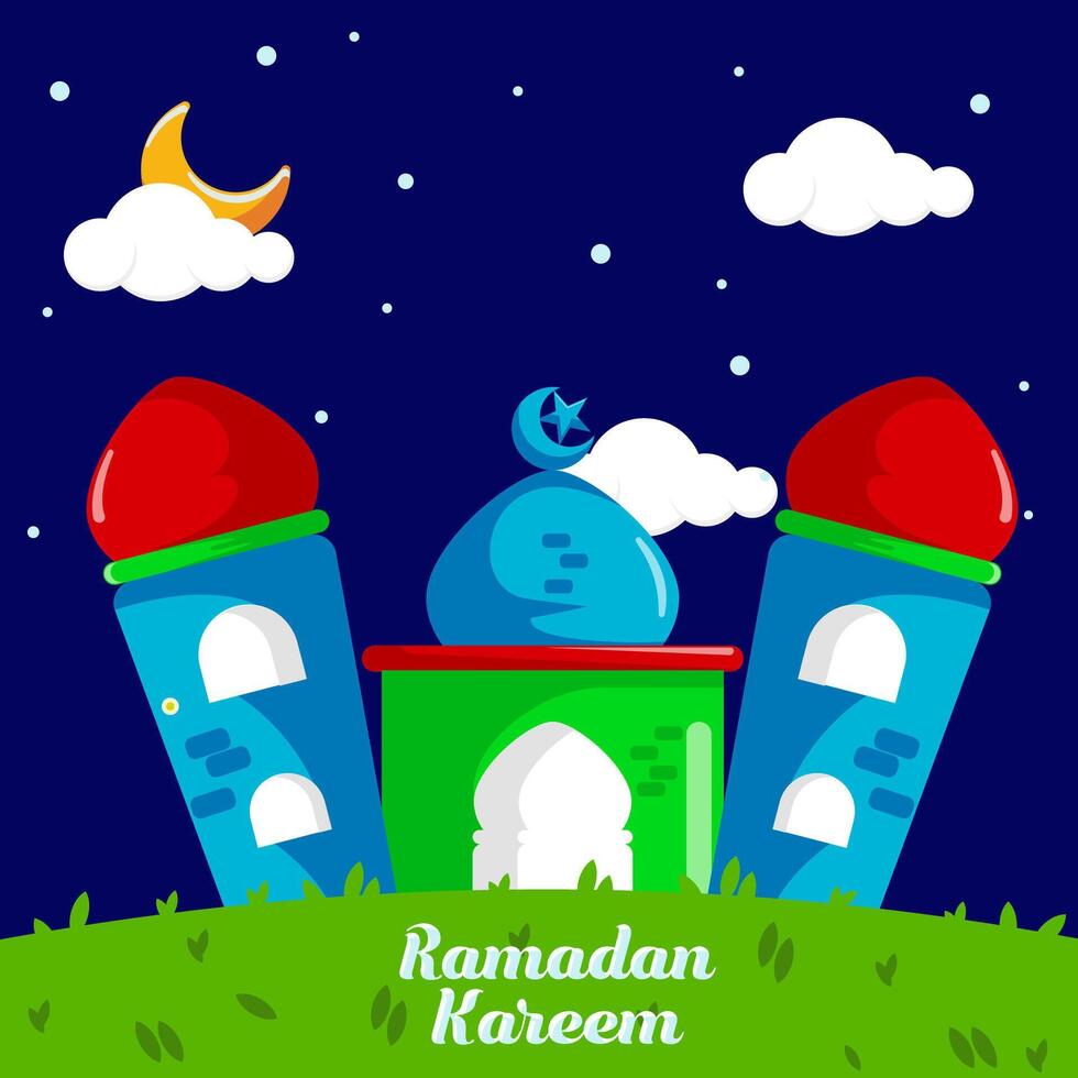flat illustration with a background of a mosque building and a green field, a night sky decorated with stars and the moon vector