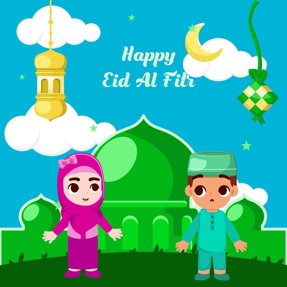Flat illustration happy Eid al fitr, welcoming Eid al fitr with mosque background lantern and ketupat vector